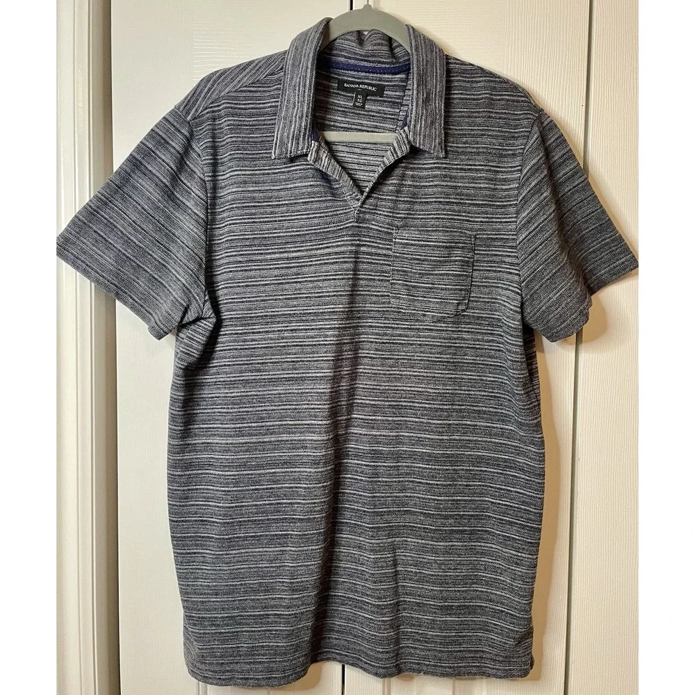 Banana Republic Men's Polo Shirt Gray Size XL Standard Fit Short Sleeved Striped